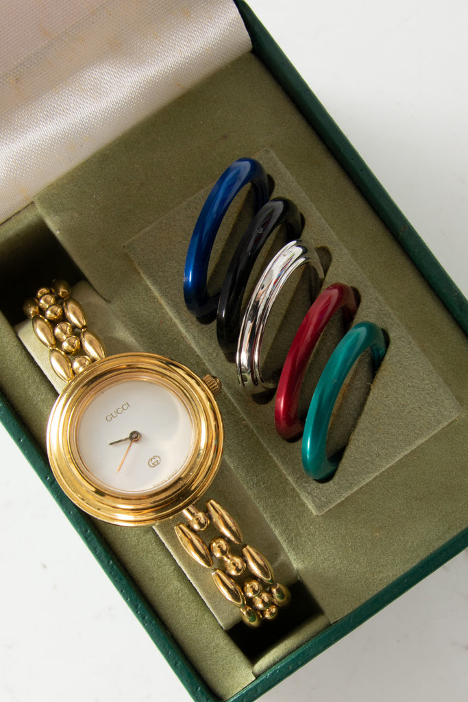 Gucci Gold Plated Chain Watch with 6 Interchangeable Bezels - irvrsbl