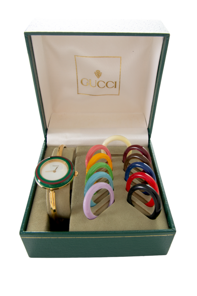 Gucci Iconic Watch with 12 Interchangeable Coloured Bezels - irvrsbl