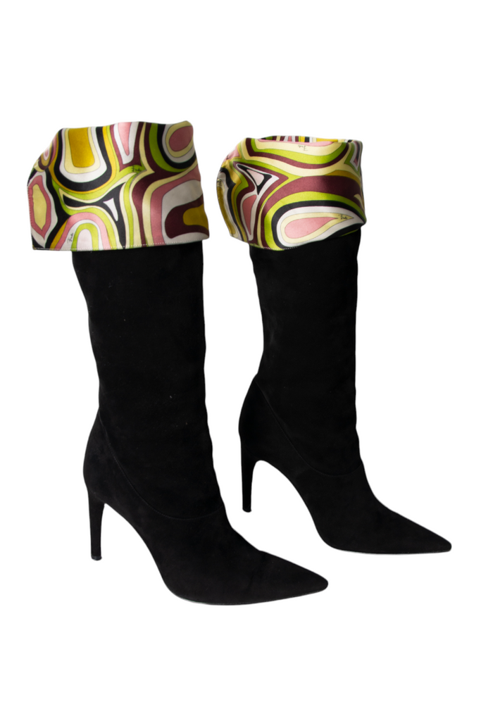 Emilio Pucci Foldover Velvet Boots with Satin Pucci Print - irvrsbl