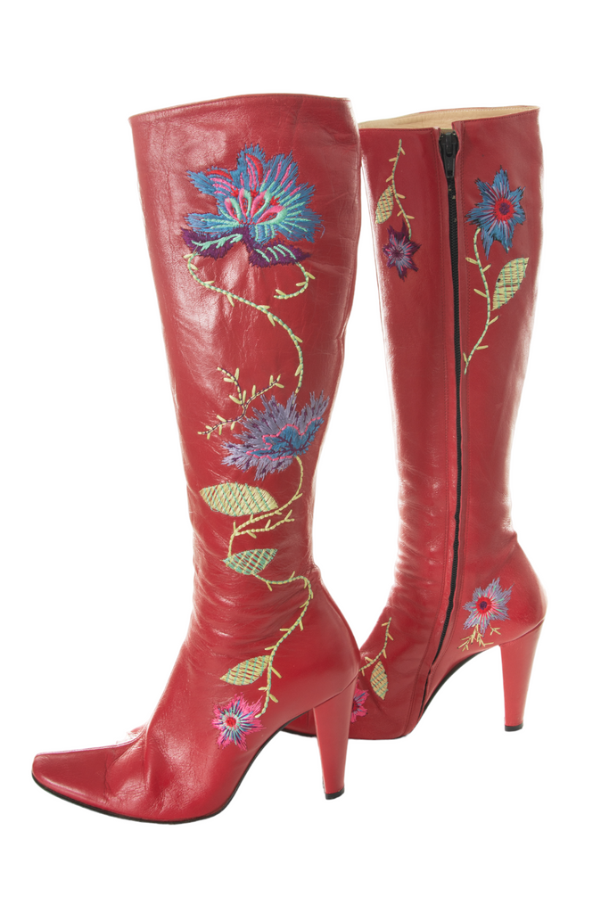 Anna Molinari Red Embroidered Leather Boots - irvrsbl