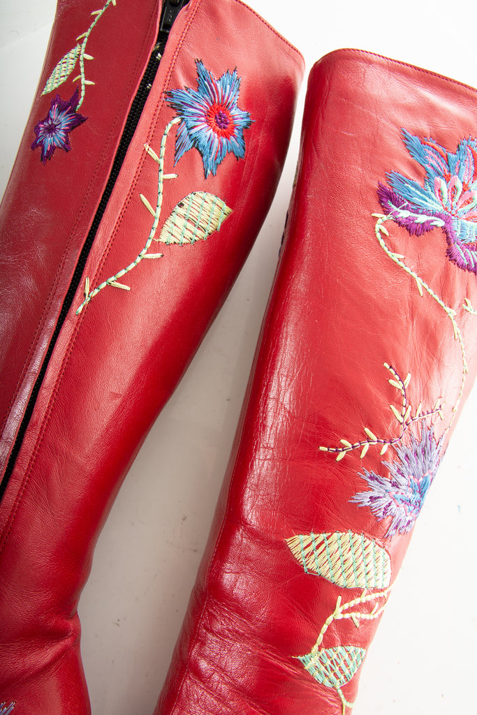 Anna Molinari Red Embroidered Leather Boots - irvrsbl