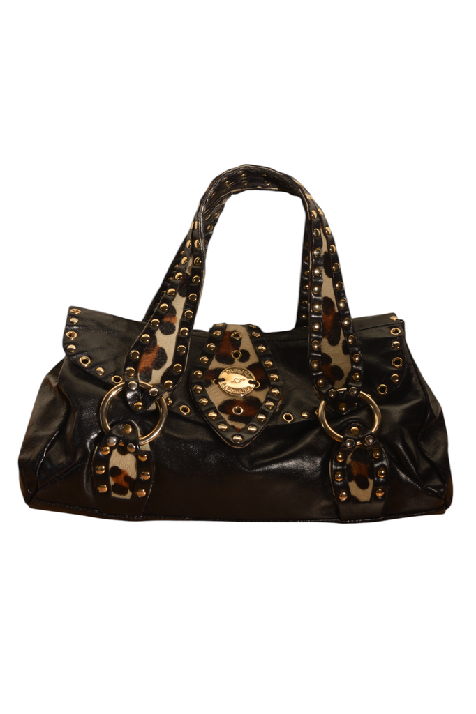 Blugirl Black Leather Shoulder Bag with Pony Hair Trim - irvrsbl