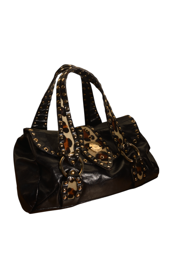 Blugirl Black Leather Shoulder Bag with Pony Hair Trim - irvrsbl