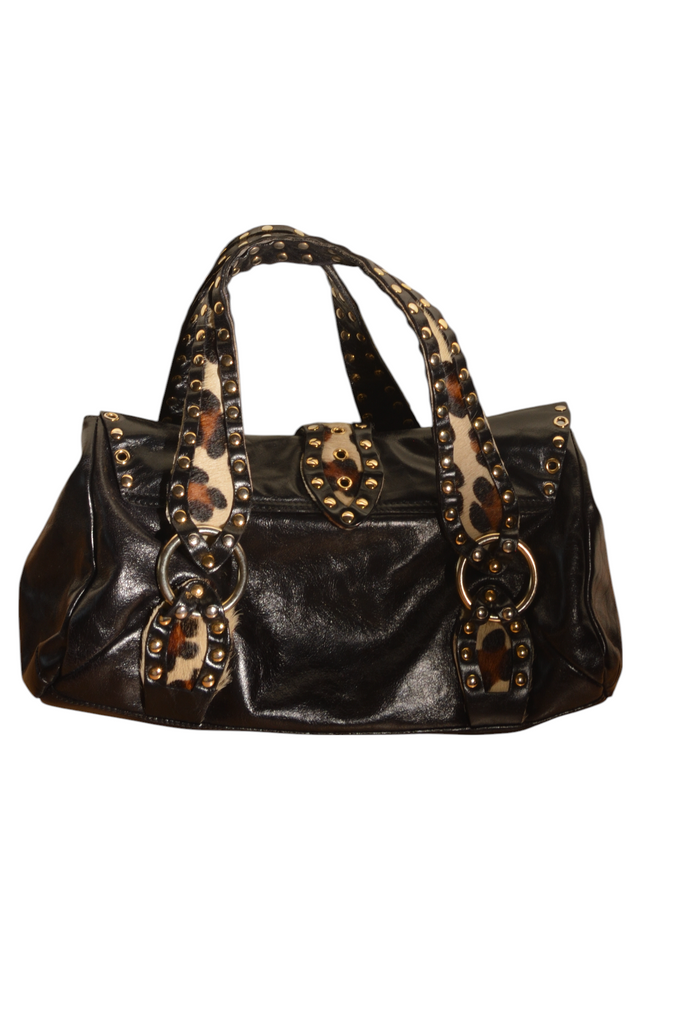 Blugirl Black Leather Shoulder Bag with Pony Hair Trim - irvrsbl