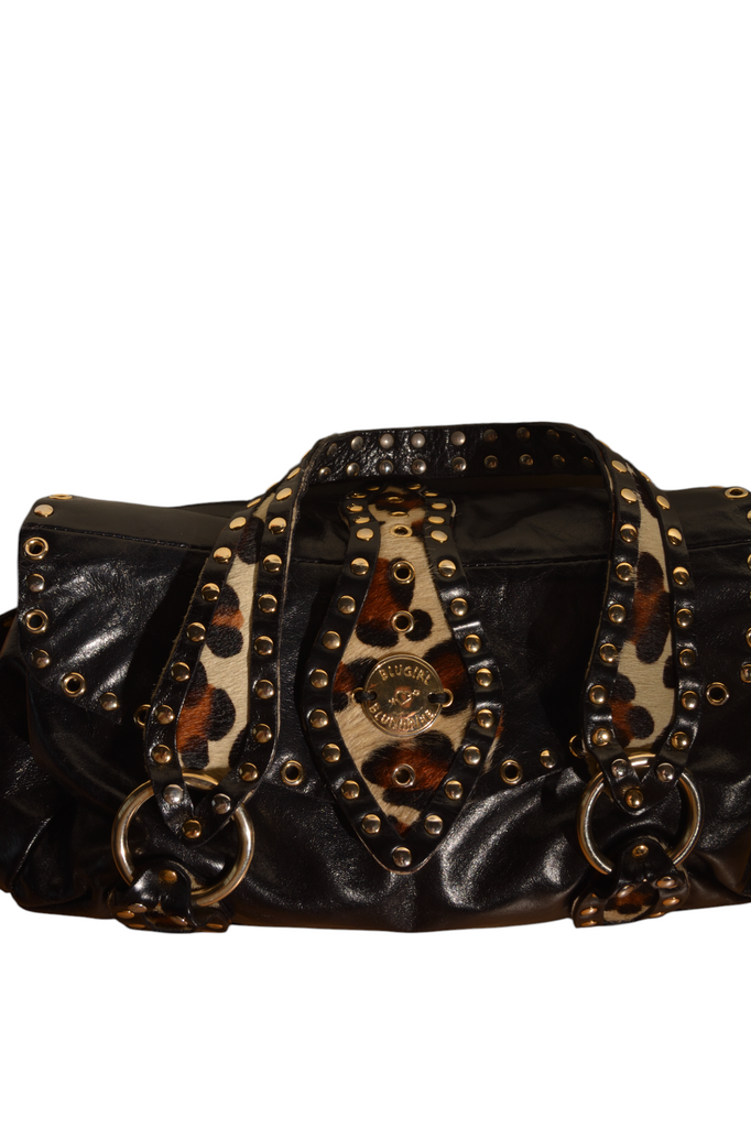 Blugirl Black Leather Shoulder Bag with Pony Hair Trim - irvrsbl