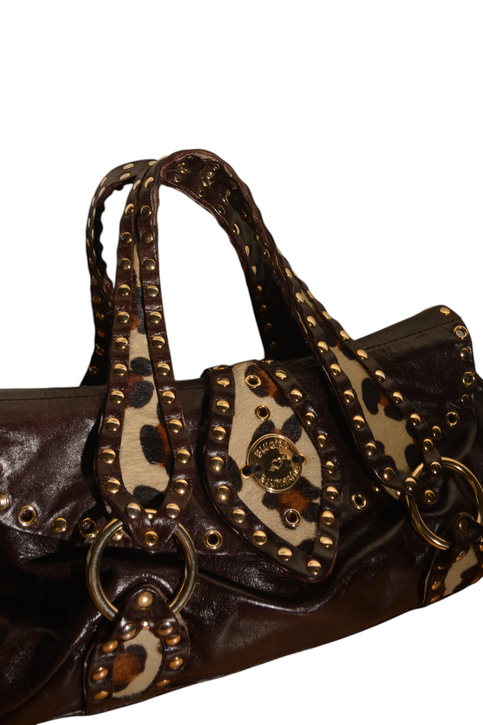 Blumarine Dark Brown Studded Leather Shoulder Bag with Pony Hair Trim - irvrsbl