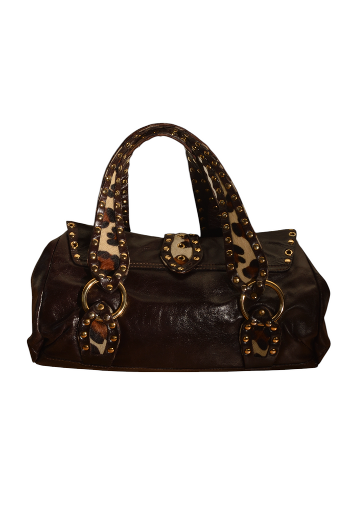 Blumarine Dark Brown Studded Leather Shoulder Bag with Pony Hair Trim - irvrsbl
