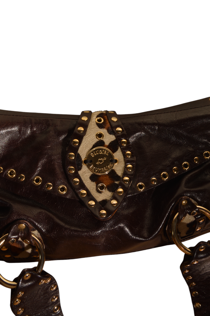 Blumarine Dark Brown Studded Leather Shoulder Bag with Pony Hair Trim - irvrsbl