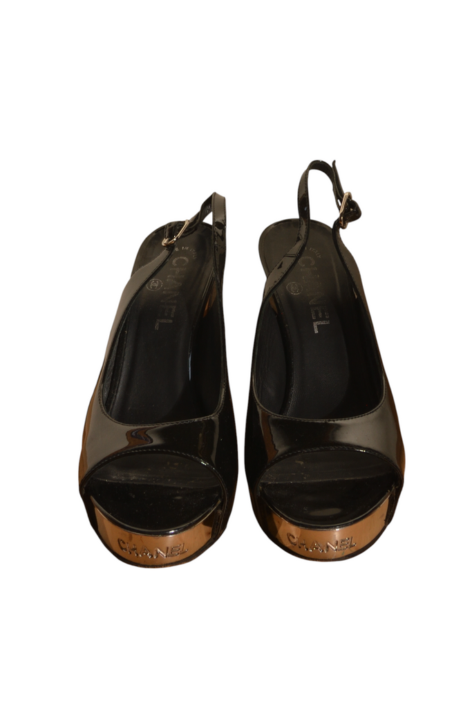 Chanel Logo Patent Two Toned Metal Peep Toe Heels 37.5 - irvrsbl
