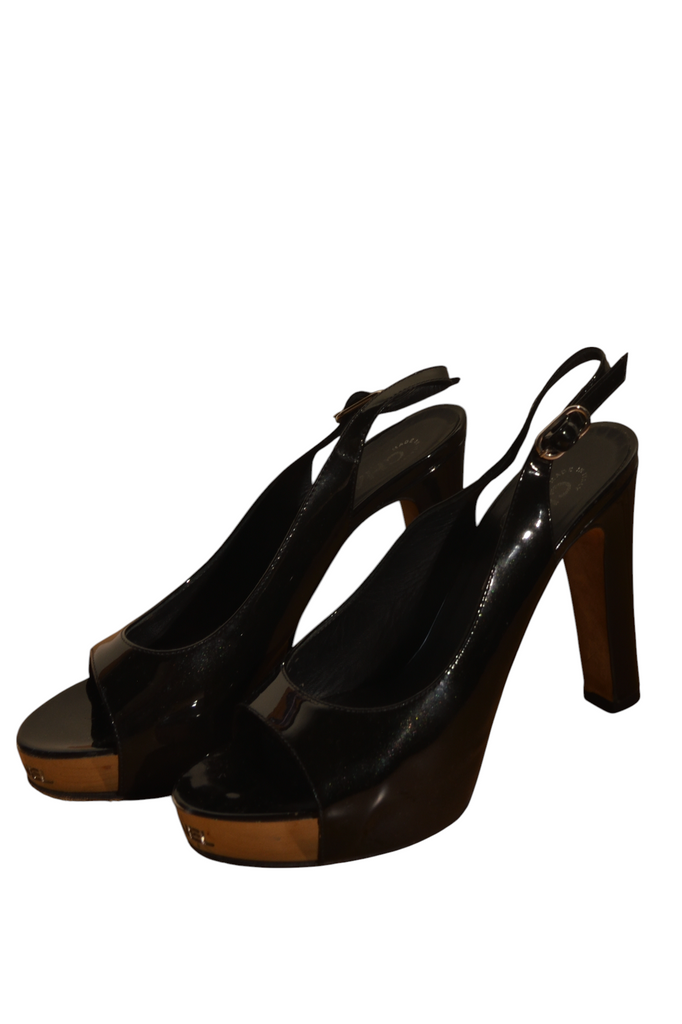 Chanel Logo Patent Two Toned Metal Peep Toe Heels 37.5 - irvrsbl