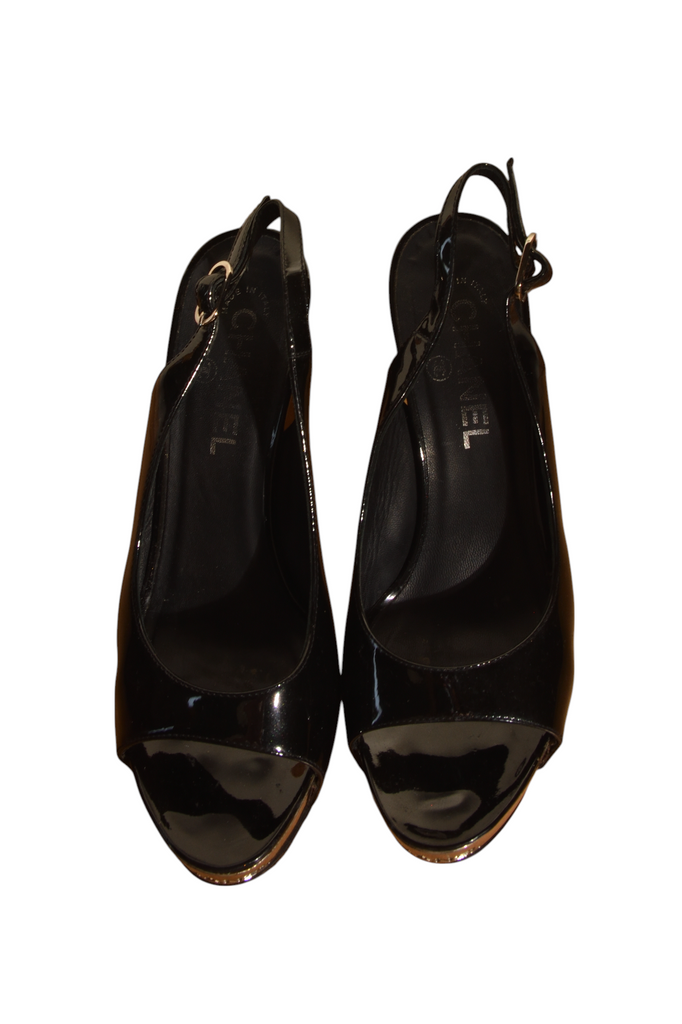 Chanel Logo Patent Two Toned Metal Peep Toe Heels 37.5 - irvrsbl