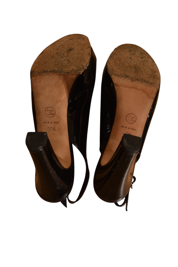 Chanel Logo Patent Two Toned Metal Peep Toe Heels 37.5 - irvrsbl