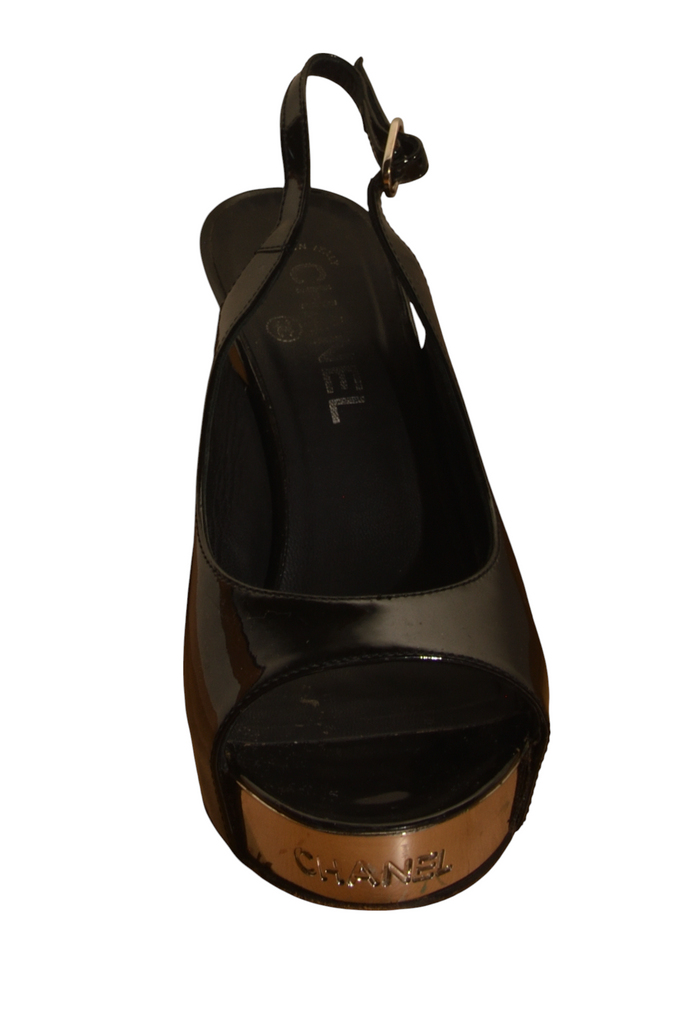 Chanel Logo Patent Two Toned Metal Peep Toe Heels 37.5 - irvrsbl