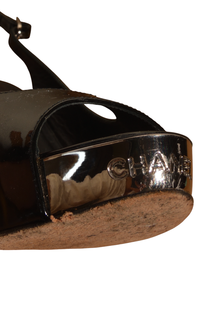 Chanel Logo Patent Two Toned Metal Peep Toe Heels 37.5 - irvrsbl