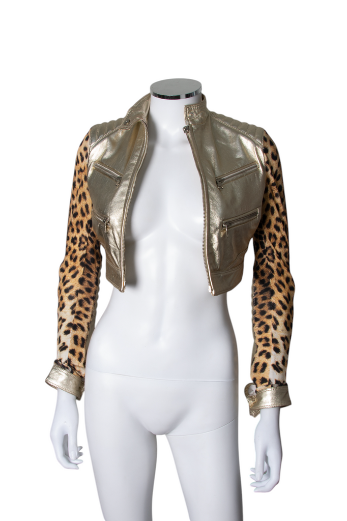 Roberto Cavalli Gold and Leopard Print Leather Jacket - irvrsbl