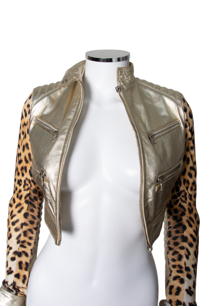 Roberto Cavalli Gold and Leopard Print Leather Jacket - irvrsbl