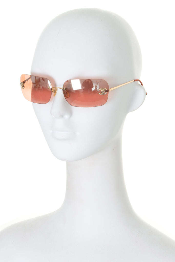 Vintage Chanel Pink Tinted Clear Sunglasses Rhinestone CC Logo Glasses, Tokyo Roses Vintage